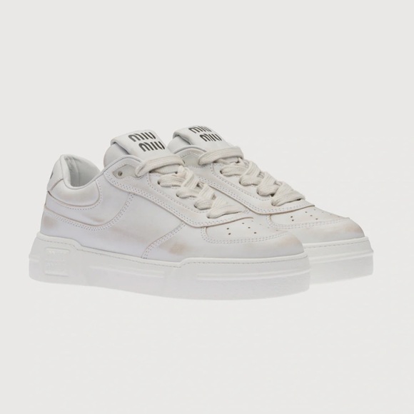 MIU MIU White Bleached Leather Sneakers Women’s Low Top Size US 8 EUR 39 Pre-Own - Picture 8 of 16